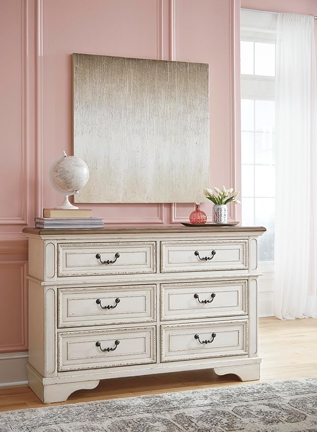 Signature Design By Ashley Realyn French Country Youth 6 Drawer Dresser, Chipped White & Brown
