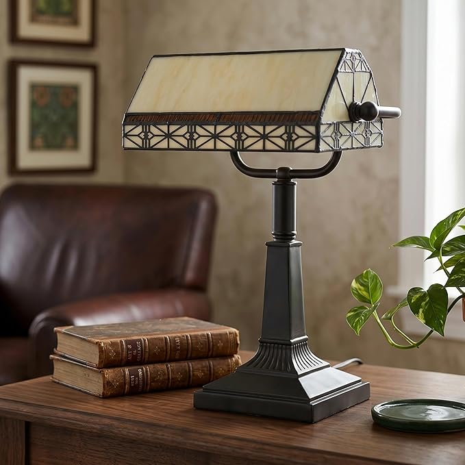 Lavish Home Tiffany-Style Bankers Lamp - Vintage-Looking Mission-Style Table or Desk LED Light with Stained Glass Shade (Dark Brown)