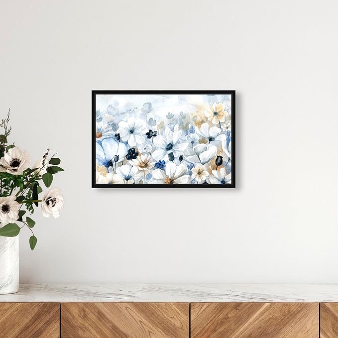 The Oliver Gal Artist Co. Floral and Botanical Wall Art Framed Canvas Prints 'Fields Flowers Home Décor, 15" x 10", Blue, White