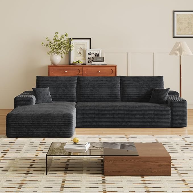 107" Boneless Couch with L Shaped Chaise, Plush Corduroy Sleeper Sectional Sofa, Deep Seat Comfy Couches for Living Room Bedroom, Compressed Foam Cloud Sofas, No Assembly, Left Facing Chaise, Black