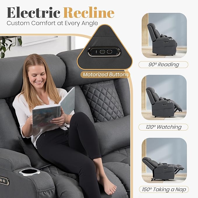 2-Piece Power Reclining Sofa Set, 3-Seater Sofa with Drop-Down Console & 2-Seater Loveseat, Zero Wall Hugger Electric Recliner Couch with Adjustable Headrest, AC Outlets (Gray, Loveseat)