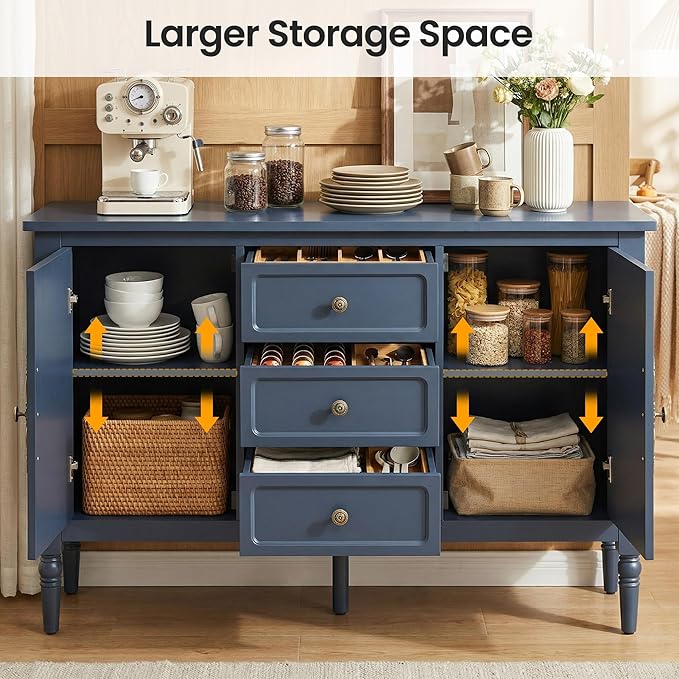 RoyalCraft Buffet Cabinet with 3 Drawers & 2 Doors, Vintage Sideboard with Storage, Mid Century Modern Painted Coffee Bar Table for Entryway, Living Room, Dining Room, Blue