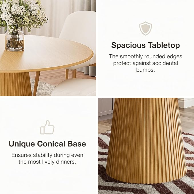 Casaphoria 60" Round Dining Table, Modern Wood Kitchen Table with Cone Grating Bar Base for Living Room & Dining Room, Easy Assembly Farmhouse Furniture for 4-6, Oak
