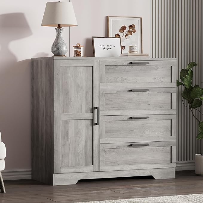IDEALHOUSE 43.3'' H Armoire Wardrobe Closet with 4 Drawers and Hanging Rod, Multifunctional Wood 4 Drawers Dresser with Storage Closet, Clothing Storage Cabinets for Bedroom, Gray