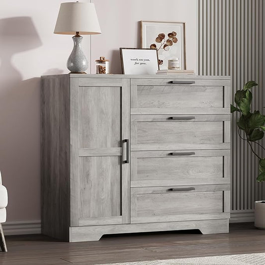 IDEALHOUSE 43.3'' H Armoire Wardrobe Closet with 4 Drawers and Hanging Rod, Multifunctional Wood 4 Drawers Dresser with Storage Closet, Clothing Storage Cabinets for Bedroom, Gray