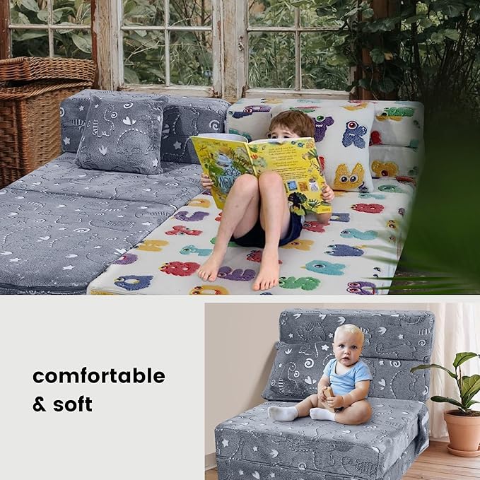 MeMoreCool Kids Floor Mattress Glow in The Dark, Convertible Sofa Couch, Folding Futon Chair Bed for Kids Playroom (Glowing Dinosaur)