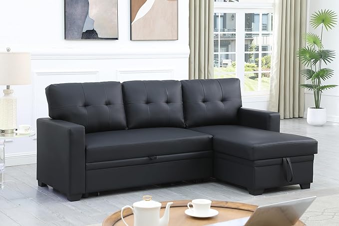 ERYE 82-inch Pull Out Sleeper Couch Bed, L-Shaped Reversible Sleeper Sectional Sofa Faux Leather Tufted Upholstered Corner Convertible Sofa Bed with Storage Chaise