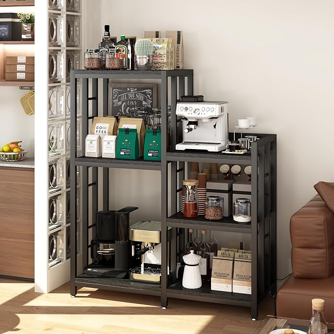 6-Tier Adjustable Mini Fridge Cabinet With Power Outlet,Kitchen Bakers Rack With storage,Mini Fridge And Microwave Stand,Coffee Bar, Free Standing Shelf for Kitchen, Home Office,Balcony,Black