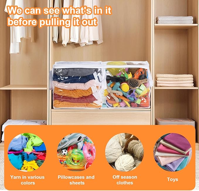 Wholelovein 6 PCS Clear Plastic Organizers 12''x12''x12'' Blanket Storage Bags with Zipper Storage Cube Tote with Reinforced Handles for Clothes Moving Supplies Linens Shoes Closet Toys Organizers