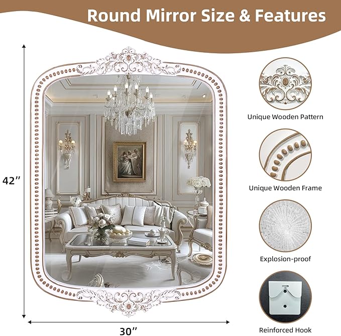 Wooden Baroque Wall Mirror: 30x42 Inch Rustic Farmhouse Mirror - Ornate Decorative Mirrors for Fireplace, Living Room, Bedroom, Entryway, Bathroom - Vertical/Horizontal
