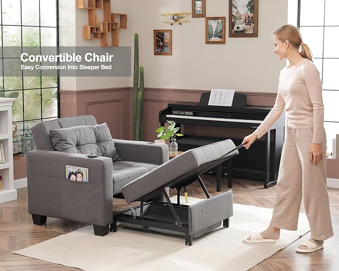 DURASPACE Pull Out Sofa Bed 3-in-1 Convertible Sofa Sleeper Chair Bed with USB, Cup Holder, Adjustable Armchair Beds for Small Spaces, Apartment, Living Room, Office (Dark Gray Linen)