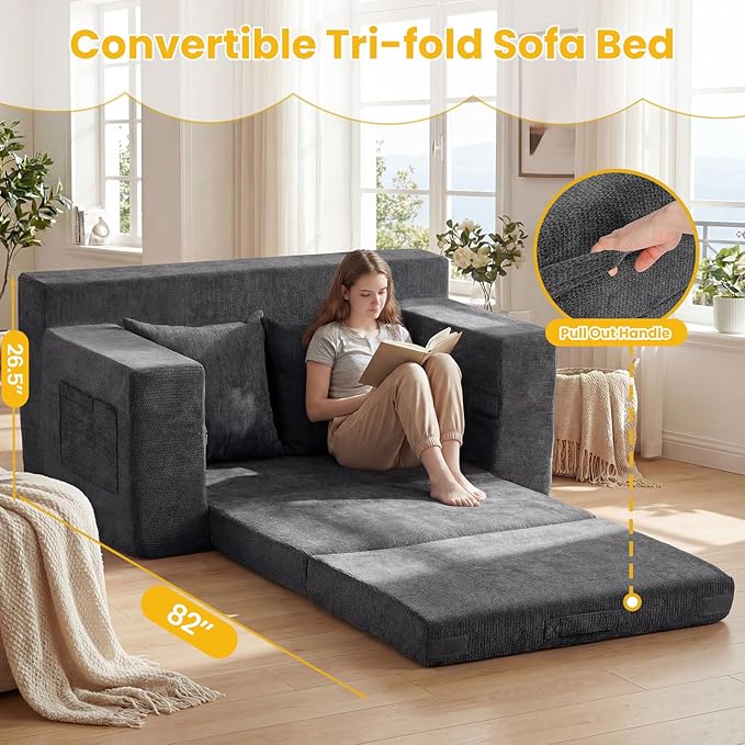 Boneless Couch,Boneless Loveseat Sleeper Sofa Bed – 3-in-1 Convertible Couch Bed with Side Pockets & Handle,Pull Out Futon for Small Space,Living Room & Bedroom,2 Pillows Included,No Assembly