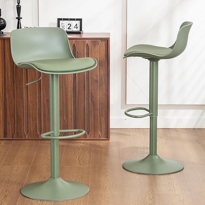 Kidol & Shellder Bar Stools Set of 2 Olive Green Adjustable Swivel Counter Height Stools, Modern PU Leather Upholstered with Back Solid Color Barstools for Kitchen Island