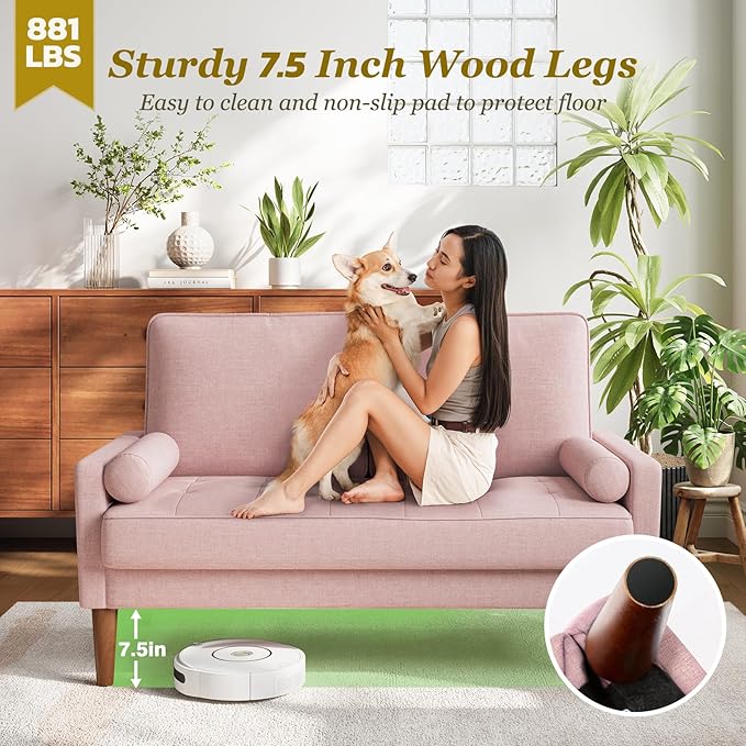 Vesgantti Loveseat Sofa with Solid Wood Legs, 48" Small Couches for Small Spaces, Love Seat for Living Room, Bedroom, Easy Assembly Mid Century Modern Couch with Throw Pillow for Apartment, Pink