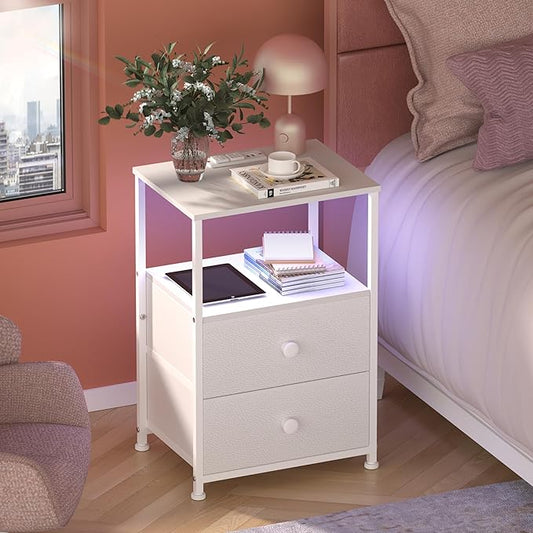 Tohomeor Sofa End Tables with Charging Station LED Light Nightstand Bedroom Bed Side Dresser with Fabric Drawers Open Storage Shelf Living Room with USB Ports and Outlet (White, 1 Pack)