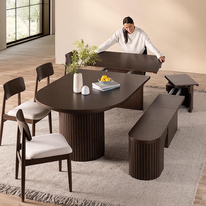 Transformer Table - Solid Wood Extendable Round Dining Table Set with Bench and 4 Chairs, Seats 4-10, Extendable Round Dining Set, Dark Brown (Table + Bench + 4 Chairs)