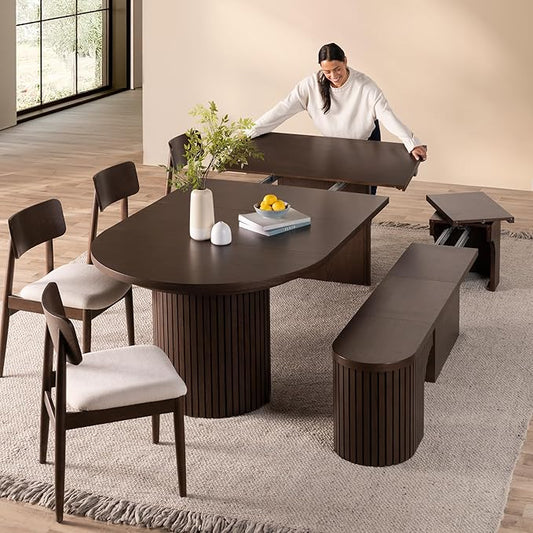 Transformer Table - Solid Wood Extendable Round Dining Table Set with Bench and 4 Chairs, Seats 4-10, Extendable Round Dining Set, Dark Brown (Table + Bench + 4 Chairs)