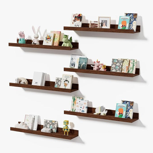 Wall Shelves for Living Room, Nursery Book Shelves Walnut Bathroom Shelves Over Toilet Floating Shelves for Wall, Modern Wood Storage for Bedroom, Kid's Room, Kitchen, 24inch, Set of 6
