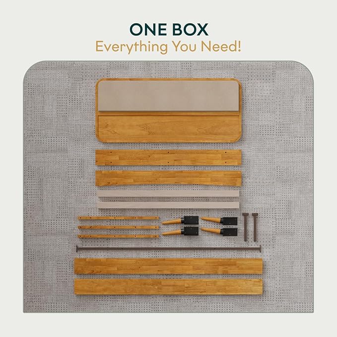 Bme Calista Queen Size Bed Frame – Solid Wood Platform Bed with Upholstered Headboard, Teak Brown Finish, Mid-Century Modern Style with Sturdy Slats & Tapered Legs, No Box Spring Needed