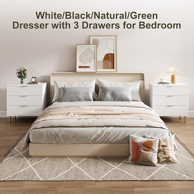 IDEALHOUSE White Dresser, Modern 3 Drawer Dresser for Bedroom with Gold Handle and Large Drawer, Wood Double Chest of Drawers and Storage Organizer for Living Room, Hallway, Entryway