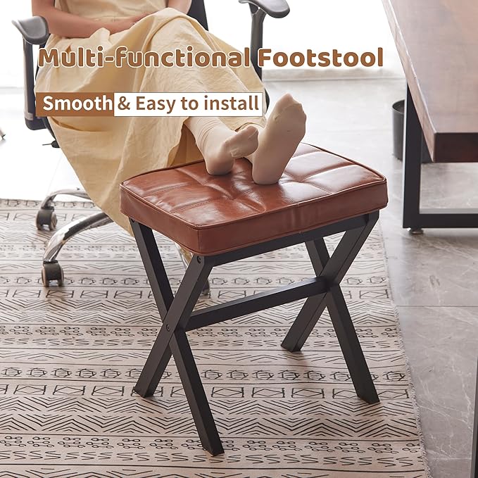 FILWH Foot Stool Small Ottoman Foot Rest Padded Foot Stool Desk for Under Office Desk Vanity Stool Bamboo Footstool Sofa Footrest Shoe Stool Small Foot Stools (Black Legs + Reddish Brown)