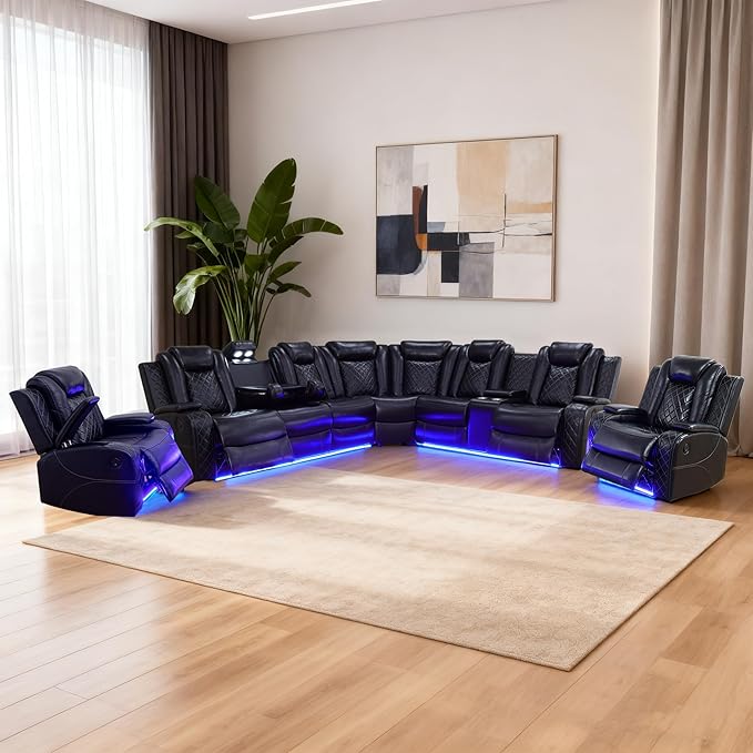 Power Recliner Sectional Sofa Set, Black Leather Sectional Couch and 2 Chairs for Living Room, L Shape Reclining Sofa with Cup Holder, Hidden Storage, Coffee Table for House(7 Seat)