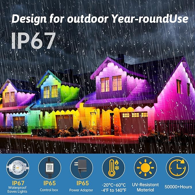 50FT Permanent Outdoor RGB Lights,IP67 Waterproof LED Eaves Lights with Smart App/Remote Control,for Christmas and All Holiday Decor,Daily and Accent Lighting,House Roof and Garden Lighting
