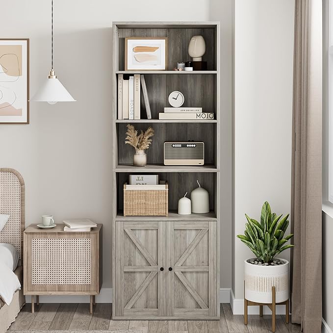 CABIHOME Farmhouse Bookcase with Doors 71.4in Tall Bookshelf 11.8in Depth Display Storage Shelves Industrial Bookcases Wooden 6 Shelf Bookshelves for Bedroom, Living Room, Home Office