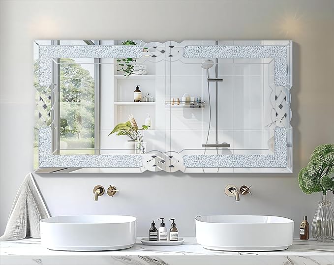 Crushed Diamond Mirror Silver Vanity Rectangular Wall Decor 48x24 inch