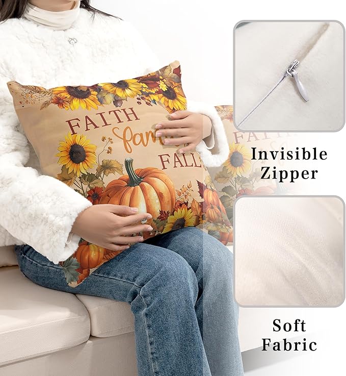 Fall Pillow Covers Pumpkin Sunflower Throw Pillow Covers Autumn Thanksgiving Harvest Pillow Case 24x24 Set of 2 Double Sided Printing Cushion Case for Couch Sofa