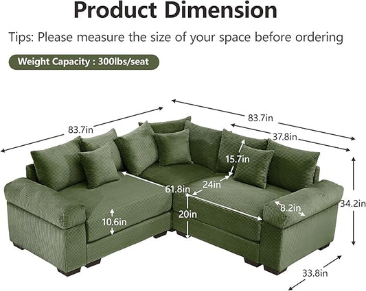 KEIKI 79" L-Shaped Oversized Corduroy Modular Cloud Sectional Sofa with High-Density Foam Cushion, Extra-Thick Armrest, Convertible 3-Seater Fluffy Corner Couch with 10 Pillow, for Living Room, Green