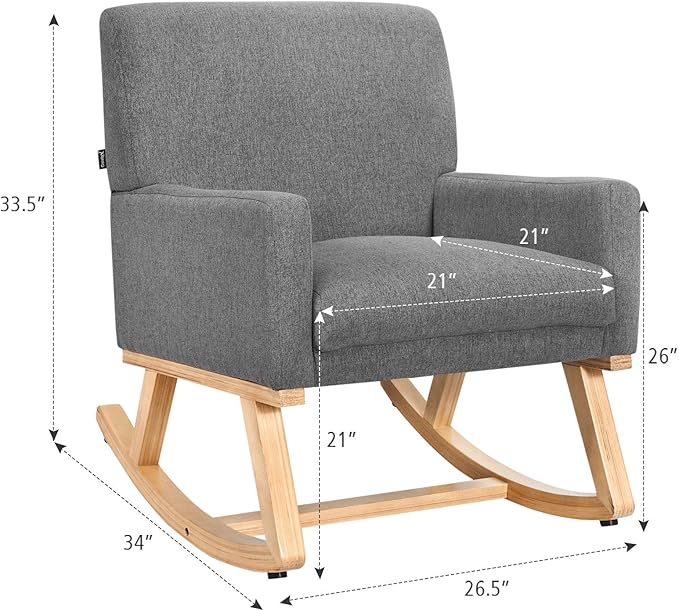 Giantex Upholstered Rocking Chair with Fabric Padded Seat and Solid Wood Base, Comfortable Rocker for Living Room, Bedroom, Study Room, Office Rocking Armchair (Gray)