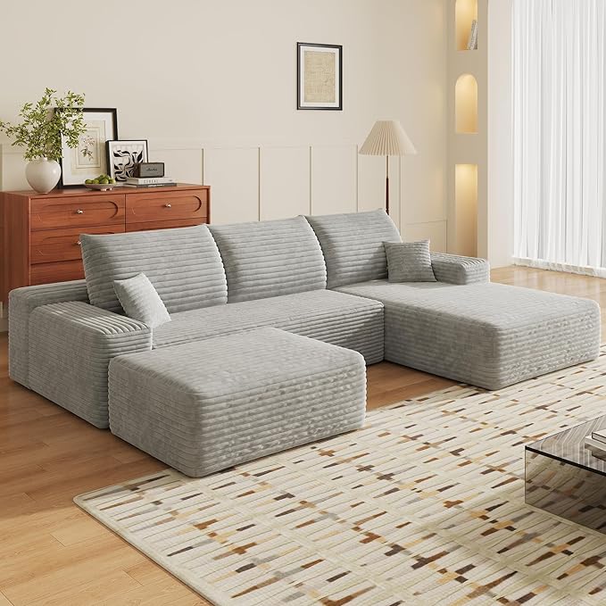 107" U Shaped Corduroy Couch with Ottoman, Compression Boneless Sofa, Deep Seat Cloud Modular Couch, Comfy Sectional Couches for Living Room Bedroom, No Assembly, Right Facing Chaise, Grey