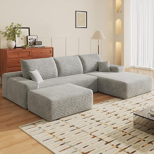 107" U Shaped Corduroy Couch with Ottoman, Compression Boneless Sofa, Deep Seat Cloud Modular Couch, Comfy Sectional Couches for Living Room Bedroom, No Assembly, Right Facing Chaise, Grey