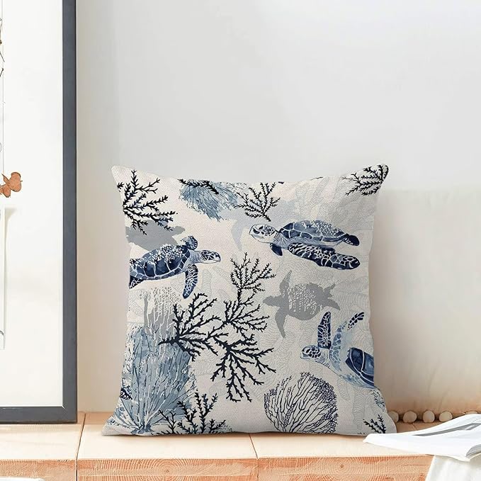 BETGINY Coastal Throw Pillow Cover 18 x 18 Inch Pack of 2, Beach Themed Blue Coral Sea Turtle Decorative Pillow Covers Square Linen Nautical Ocean Pillow Cases Cushion for Bedroom Home Sofa Decor