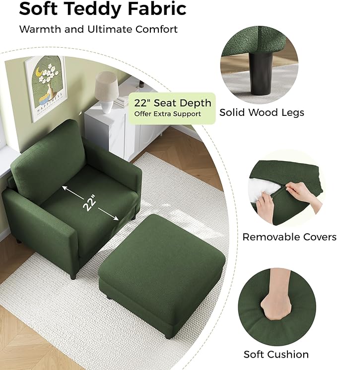 Welzona Sofa Accent Chair with Ottoman, 33" Reading Chair and Ottoman Set for Bedroom, Tool-Free Setup Living Room Accent Chairs, Comfy Arm Chairs Living Room, All-Wood Reading Nook, Green