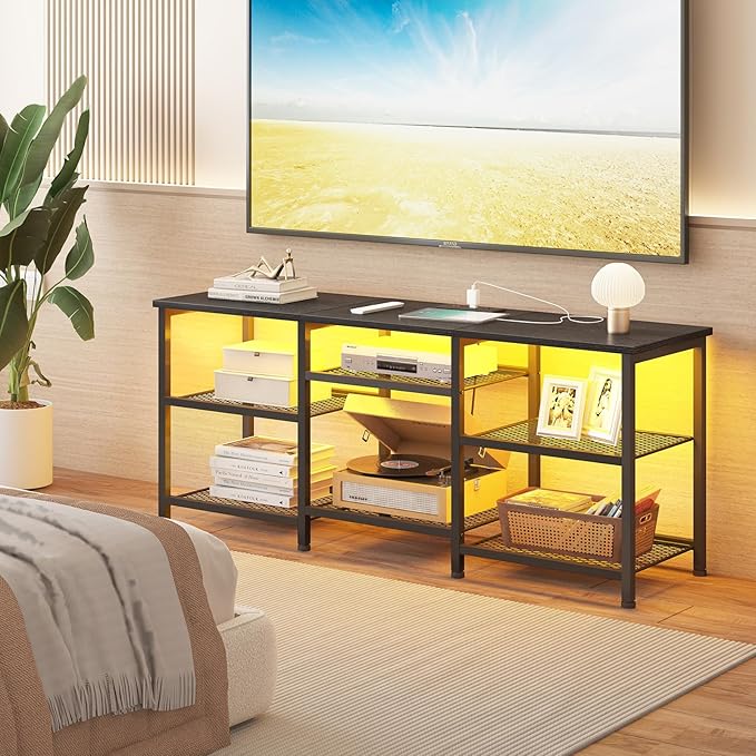 YGEOMER TV Stand for TVs Up to 55 Inches, Entertainment Center with Power Outlet and LED Lights Open Storage Shelves, TV Media Console Table for Living Room and Bedroom, Black