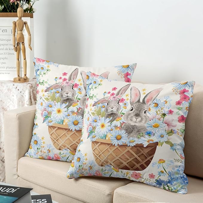 Easter Bunny Pillow Covers 24x24 Spring Rabbit Daisy Floral Throw Pillow Covers A Basket Filled with Lovely Bunny and Flowers Pillowcase Cushion Case for Sofa Patio Garden 2 Pack