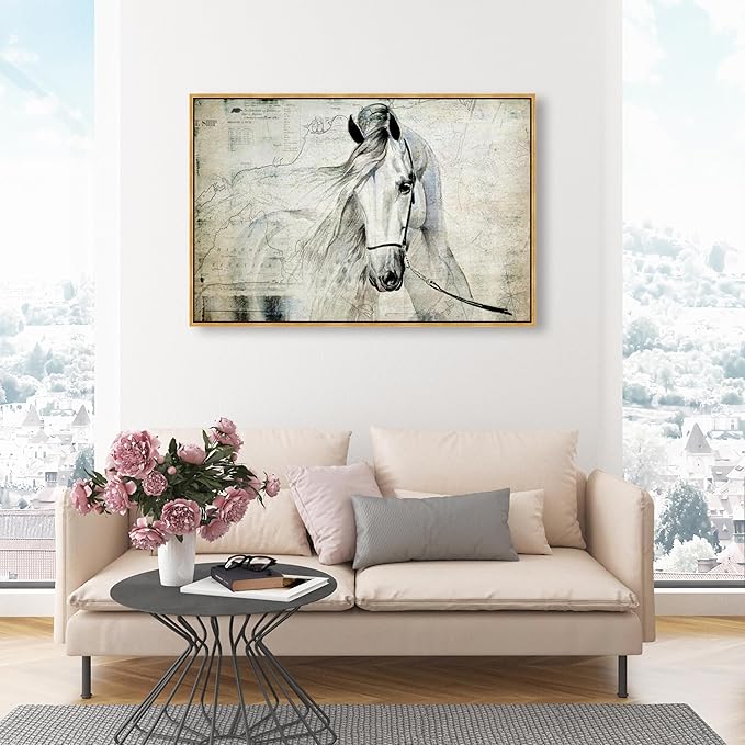 Country Farmhouse Canvas Print Painting Animal Wall Art 'Southern White Horse' Gold Framed Canvas Rustic Home Décor 45x30 in Gray, Brown by Oliver Gal