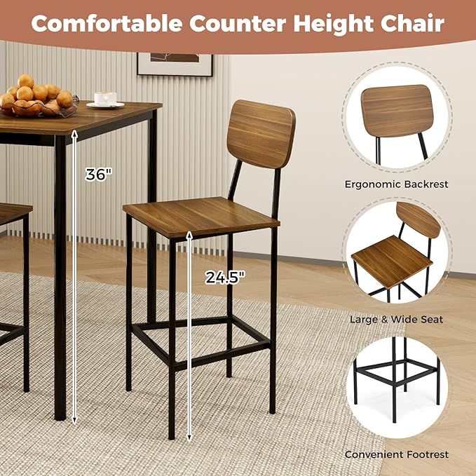 GOFLAME 5-Piece Dining Table Set for Small Space, Kitchen Table and Chairs Set for 4 with Steel Frame, Square Breakfast Table Set, Industrial Counter Height Table Set for Home, Restaurant & Cafe, Teak