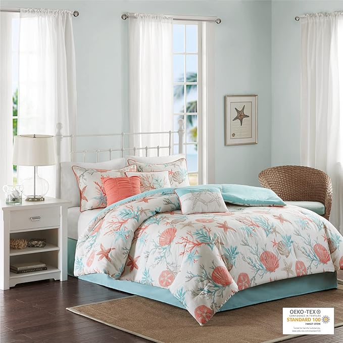Madison Park 100% Cotton Comforter Set - Coastal Coral, Starfish Design All Season Down Alternative Cozy Bedding with Matching Shams, Decorative Pillow, California King(104"x92"), Teal 7 Piece