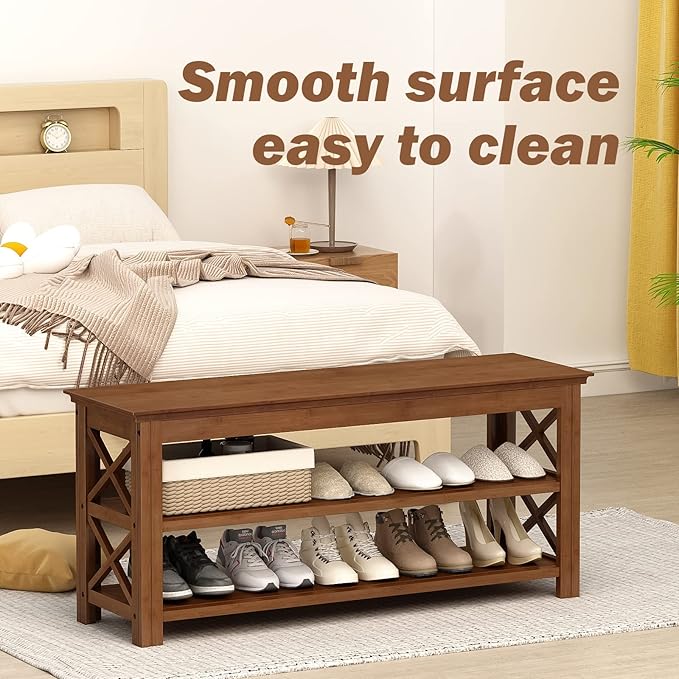 Bamworld Shoe Rack Bench with Storage 3 Tier Bamboo Shoe Bench Entryway Rustic Solid Wood Entryway Bench (X-Brown,39.4")
