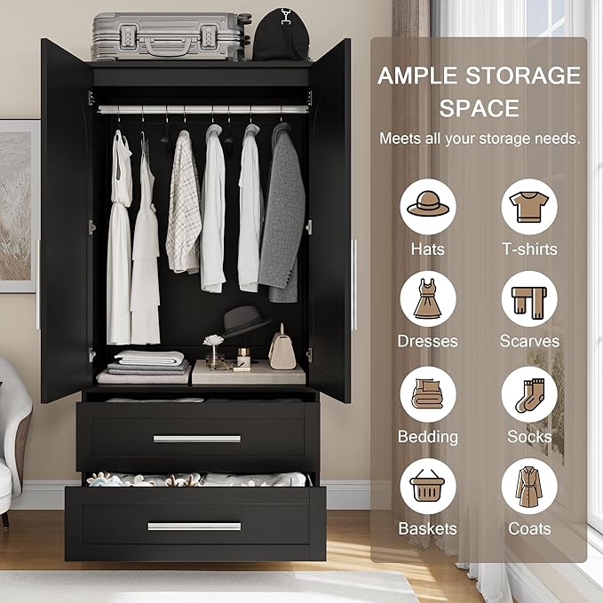 Wooden Armoire Wardrobe Closet with 2 Doors and 2 Drawers,Freestanding Armoire Storage Cabinet with Shelves,Tall Clothing Storage Cabinet Suitable for Bedroom,Black