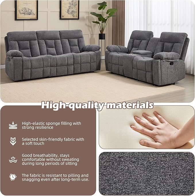 CANMOV Recliner Sofa Set, 3 Seat Recliner Sofa and Manual Loveseat with Overstuffed Armrest, Storage Console,Hidden Cup Holders, for Living Room,Grey