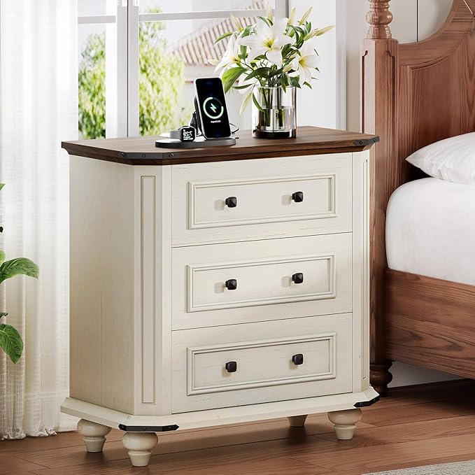 DWVO 29 Inch Wide Nightstand with Charging Station, Farmhouse Bedside Table with 3 Drawers, Wood Night Stand w/Storage, Rustic Bed Side End Table for Bedroom Dorm Small Space, White