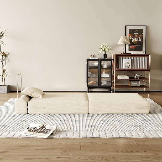 31.5'' Convertible Compressed Corduroy Folding Cloud Sofa Bed, Modern Boneless Pull Out Sleeper Sofa Couch in a Box, 3 in 1 Portable Lazy Floor Lounge Chair, No Assembly Needed, Beige, Pillow, Single