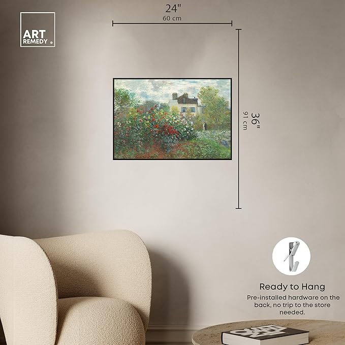 Art Remedy Monet-Garden With Dahlias Impressionism Classic Landscape Paintings Canvas Wall Art, Black Floater Frame, 24"x36"