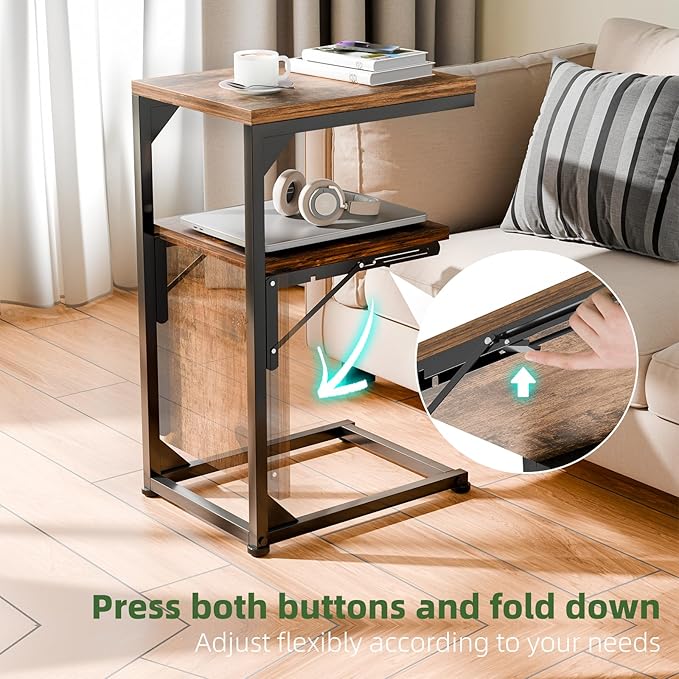 Simple Trending TV Tray Table, C Shaped End Table for Couch, Foldable Table with 2 Shelf Storage, for Sofa Bedside, Rustic Brown
