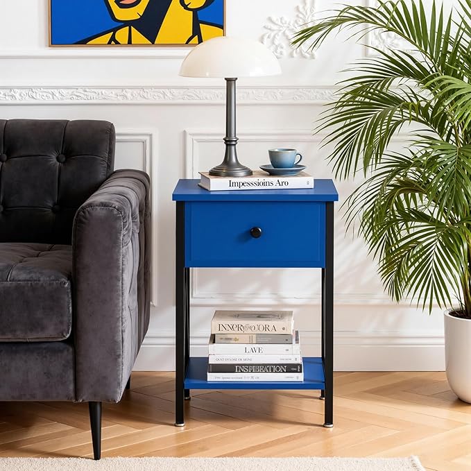 VECELO Nightstands, Modern Bedside End Tables Set of 2, Night Stand with Drawer and Storage Shelf for Living Room Bedroom, Industrial Metal Frame