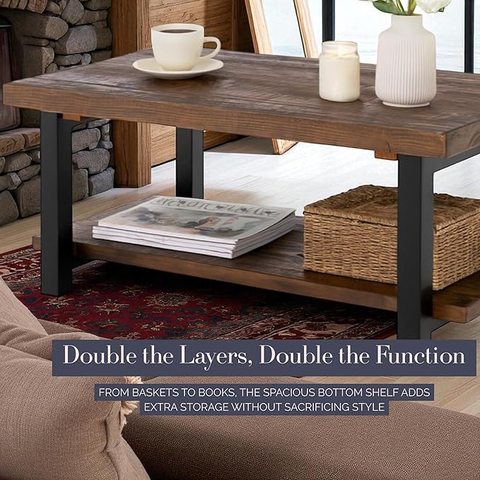 Alaterre Furniture Pomona Living Room Collection – 42 Inch Rectangular Solid Wood Coffee Table with Storage Shelf & Metal Legs – Rustic Industrial Farmhouse Living Room Table (Rustic Brown)